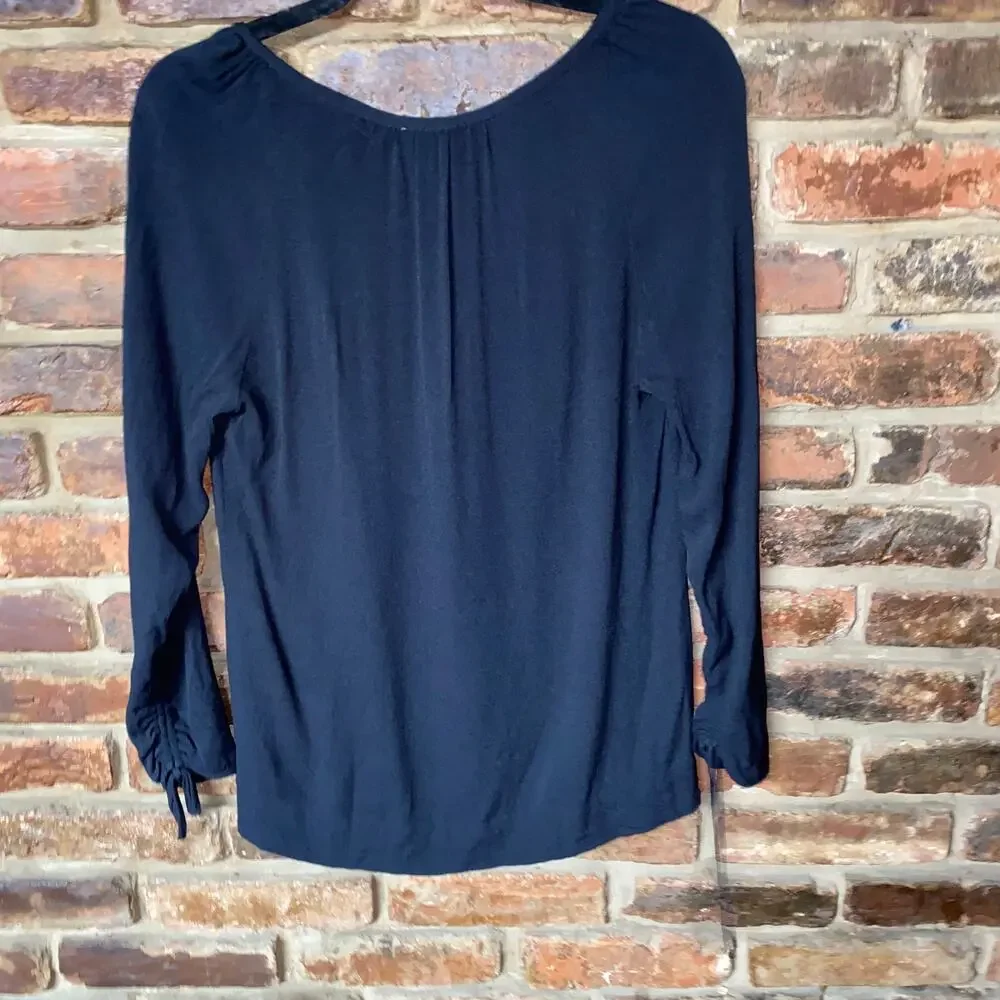 J. Crew Point Sur Black V-Neck Cinched Sleeve Blouse Women's Size XS